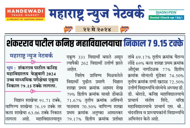 शंकरराव पाटील कनिष्ठ महाविद्यालयाचा निकाल 7 9.15 टक्के 1 22 5 24 3